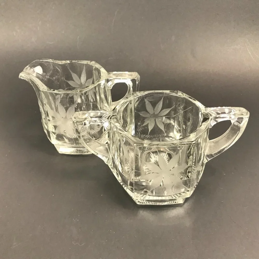Heavy Vintage hexagonal, etched cream and sugar set